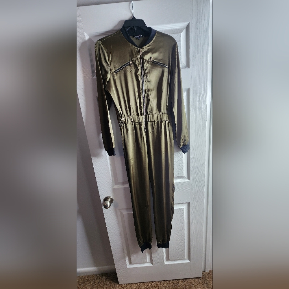Fashion Nova Khaki Bomber Jumpsuit with Gold Zipper